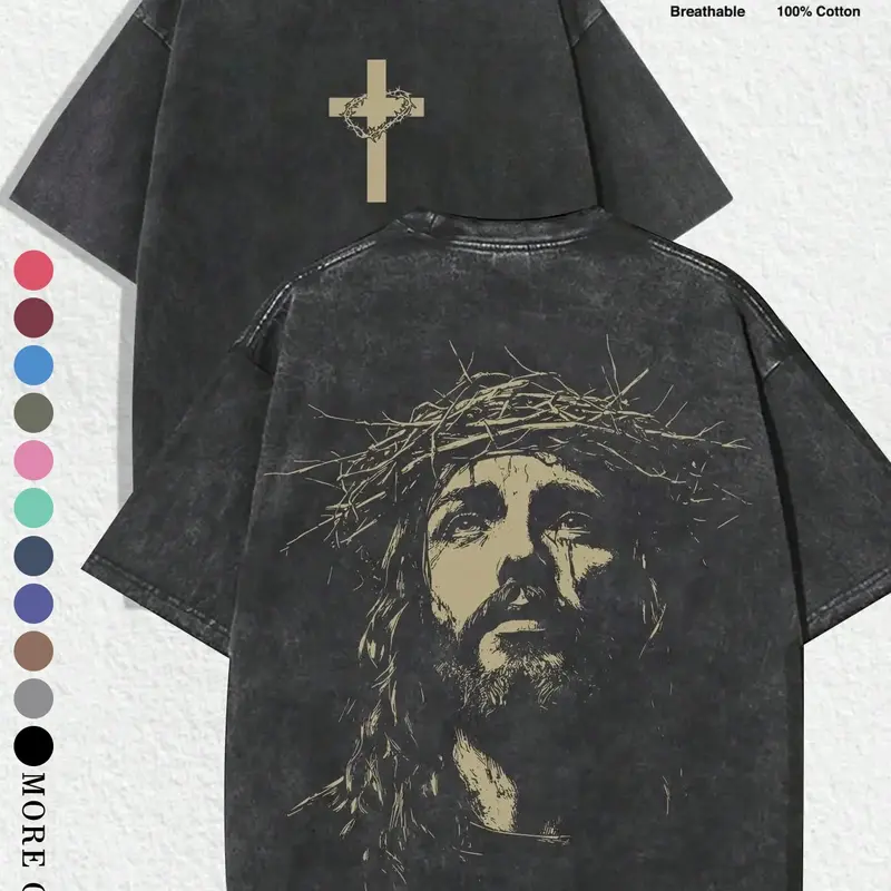 Unisex Vintage Street Style Jesus Crown Graphic Print Cotton T-Shirt, Fitted Short Sleeve, Y2K Gothic Fashion, Perfect for Couples, Streetwear