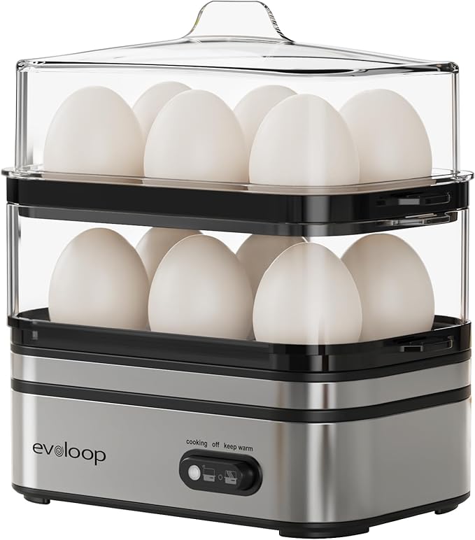 EVOLOOP Rapid Egg Cooker Electric 12 Eggs Capacity, Soft, Medium, Hard Boiled, Poached, Omelet Maker Egg Poacher & Vegetable Steamer, BPA Free Tray EVOLOOP Rapid Egg Cooker Electric 12 Eggs Capacity, Soft, Medium, Hard Boiled, Poached, Omelet Maker Egg Poacher & Vegetable Steamer, BPA Free Tray