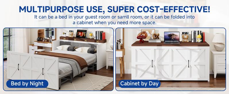 Lilypelle 2-in-1 Murphy Cabinet Bed – Farmhouse Hideaway Foldable Platform Bed for Guest Room, Bedroom, or Home Office, Up to 650 Lbs