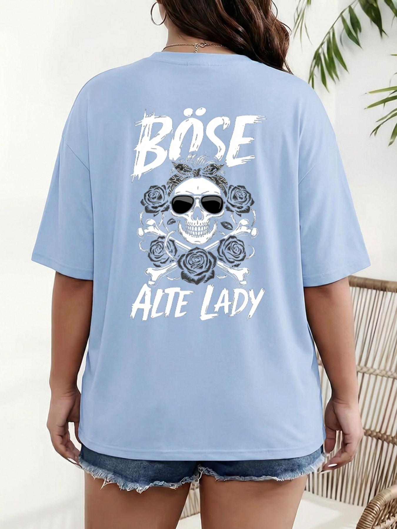 German Retro Design Böse Alte Lady Skull Rose Print Plus Size T-Shirt, Loose Shoulder Pure Cotton Short Sleeve, Casual Summer Top