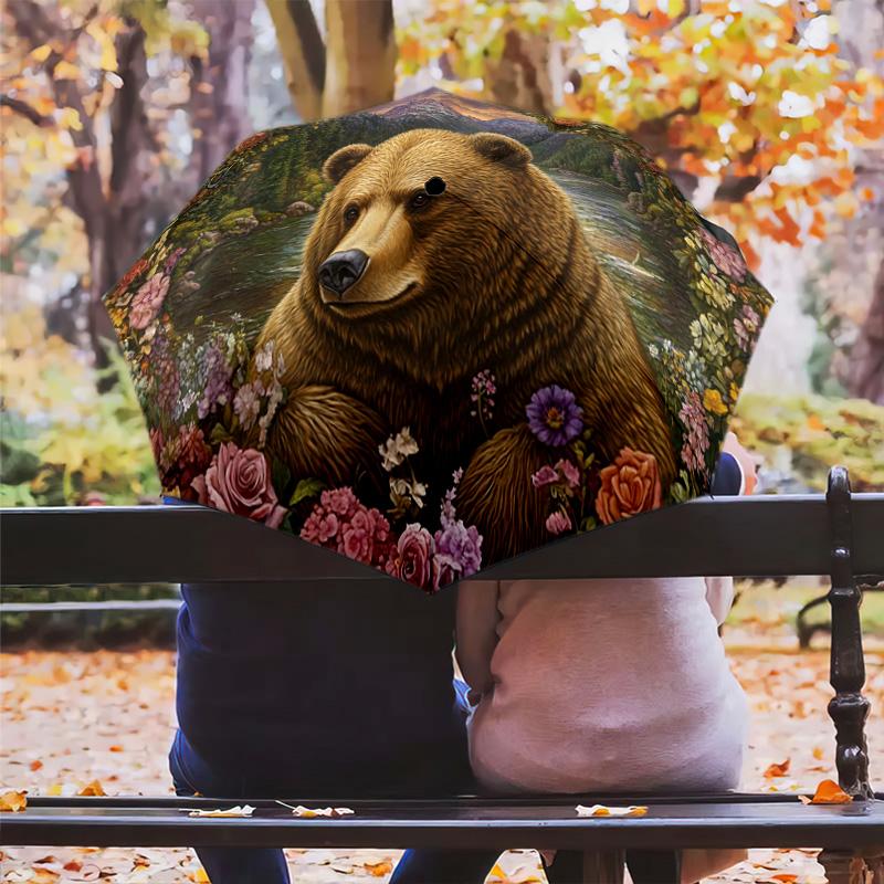 1 PC Automatic Folding Umbrella - Nature's Majesty: A Bear Amidst Flowers Pattern, Portable & Foldable Design with 8 Ribs, Merry Christmas Pattern,Casual Outdoor Accessory Halloween and Christmas Birthday Gifts. G0022