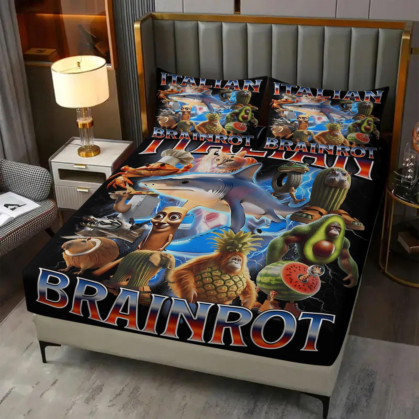 3-Piece Set Of Brain Rot Patterned Bed Sheets, Including 1 Bed Sheet And 2 Pillowcases, Comfortable Bedding, Non Slip Suitable For Bedrooms, Suitable For Gifts For Teenagers And Adults