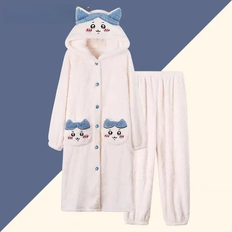 Anime Women Plush Pajamas Suit for Chiikawa Cartoon Usagi Winter Coral Velvet Nightwear Cute Plush Cardigan Home Wear Set