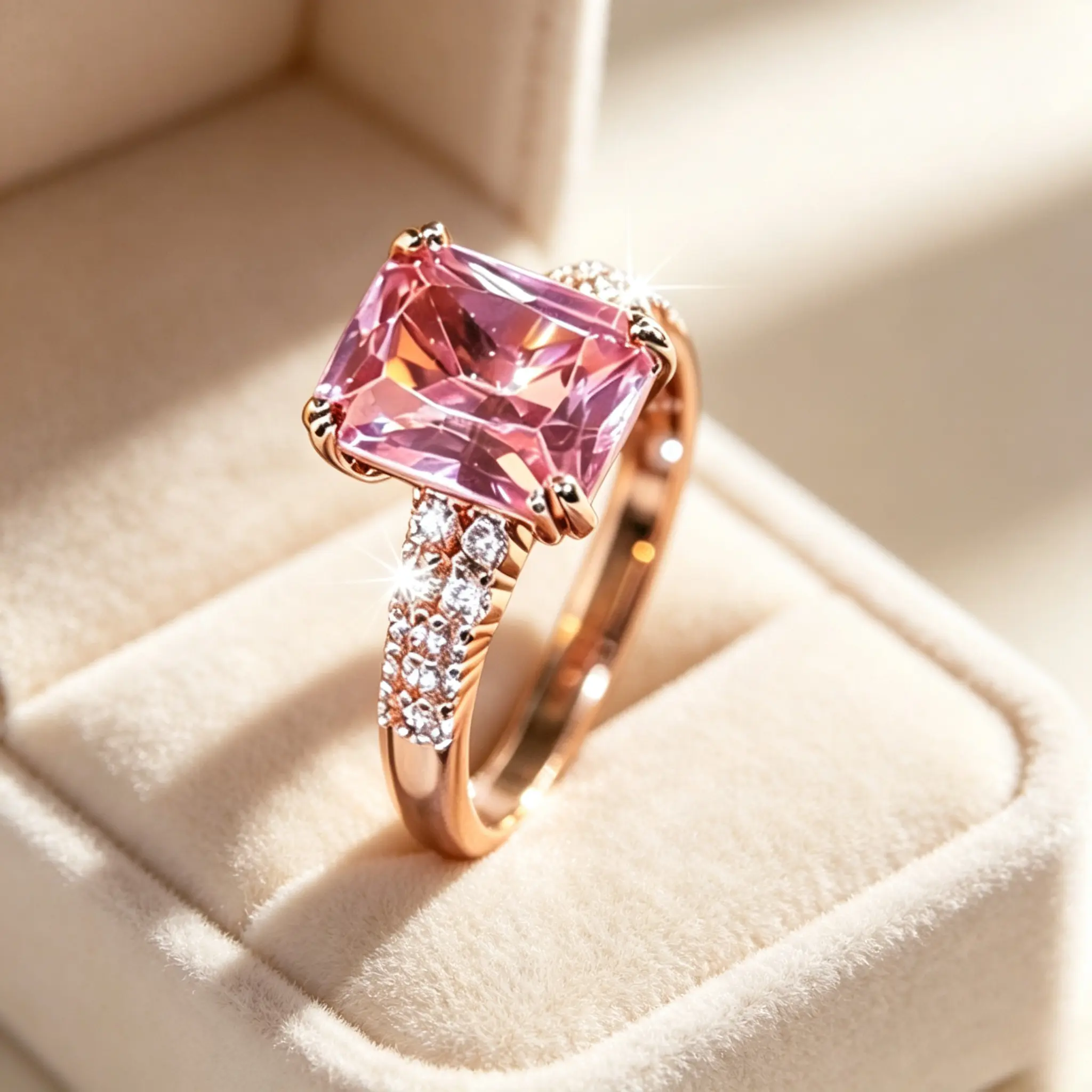 Emerald Cut Pink Stone Promise Ring, Rose Gold Tone Pave Accent Statement Band, Bridal Engagement Ring for Women, Ideal for Bridal, Anniversary & Valentine’s Day Gift Occasions