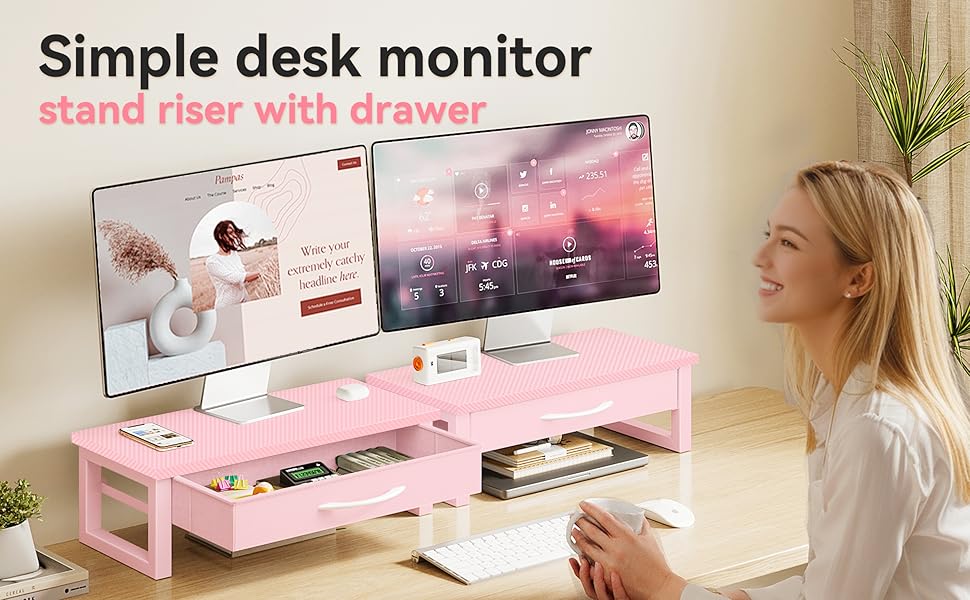 Desk Organizers and Accessories, Computer Monitor Stand Riser with Fabric Drawer, 2-Tier Laptop Stand for Desk, Office Organization Accessories, Pink