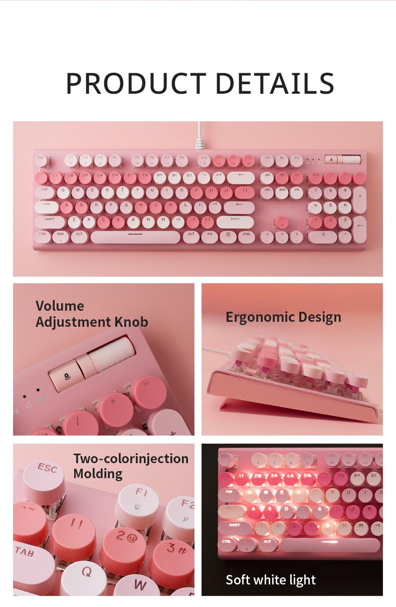 Cute Full Size Wired Keyboard for Girls, White Backlit Typewriter Keyboard with Volume Knob, Light Switch Button and Foldable Stands, Wired Keyboard with Number Pad for Computer PC Laptop