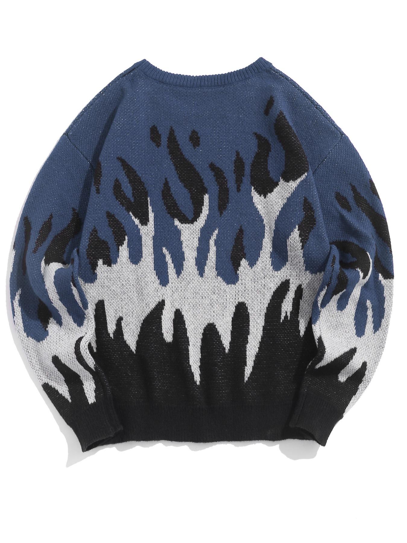 ZAFUL Men's Fall Winter Flame Pattern High Stretch Crew Neck Long Sleeve Sweater Ribbed Sweater Tops, Casual Loose Fit Knitwear for Men, Comfortable Daily Wear