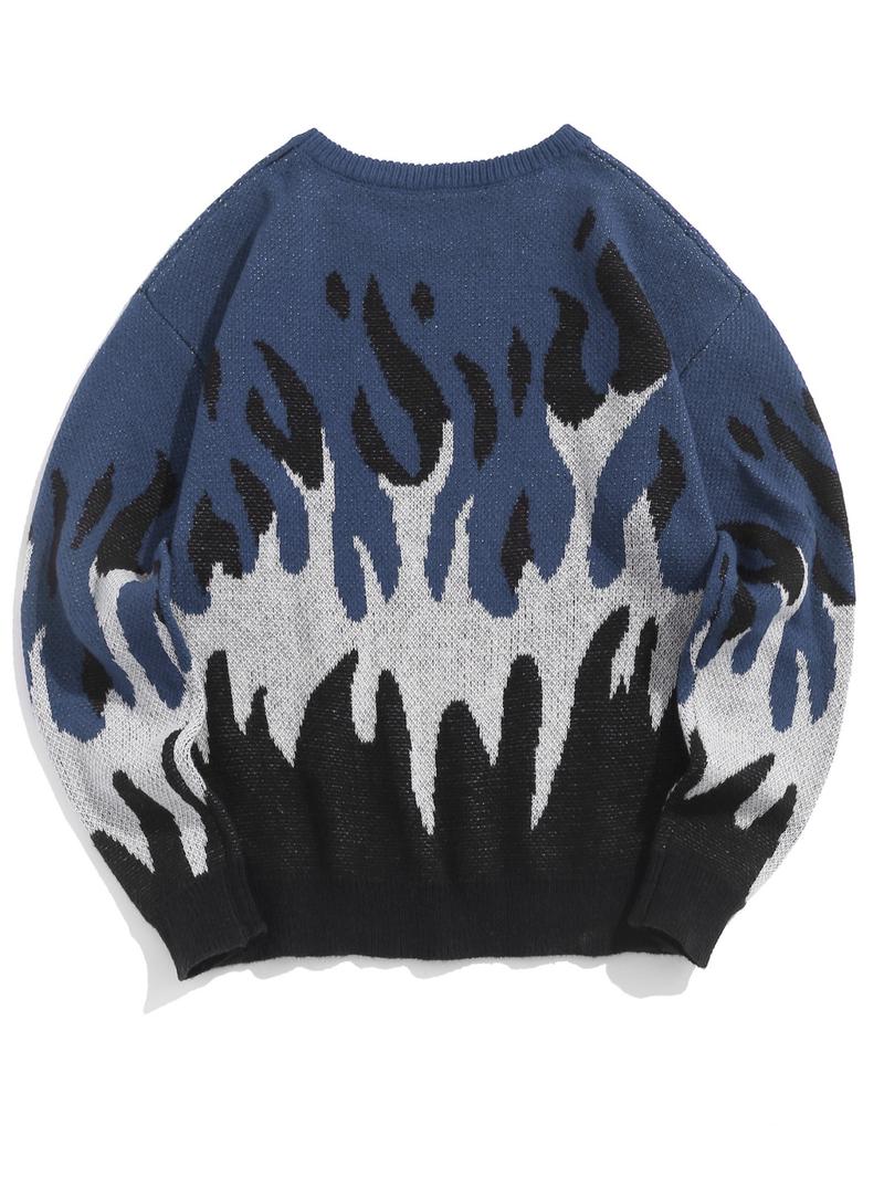 ZAFUL Men's Fall Winter Flame Pattern High Stretch Crew Neck Long Sleeve Sweater Ribbed Sweater Tops, Casual Loose Fit Knitwear for Men, Comfortable Daily Wear