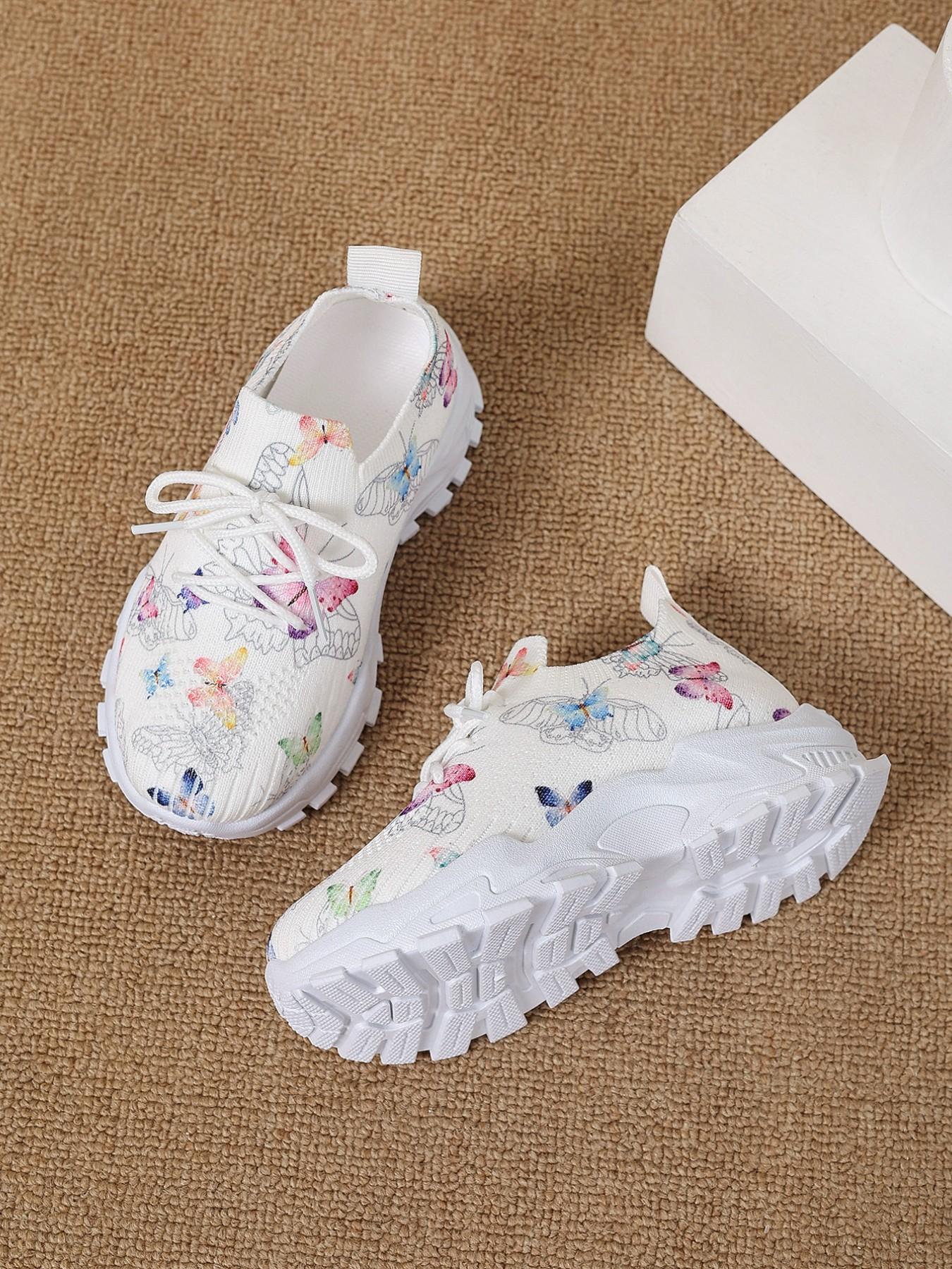 Girls' Spring & Fall Fashion Sneakers, Soft Anti-Slip Comfortable Lightweight Breathable Easy Wear, Elegant Butterfly Pattern Outdoor Shoes