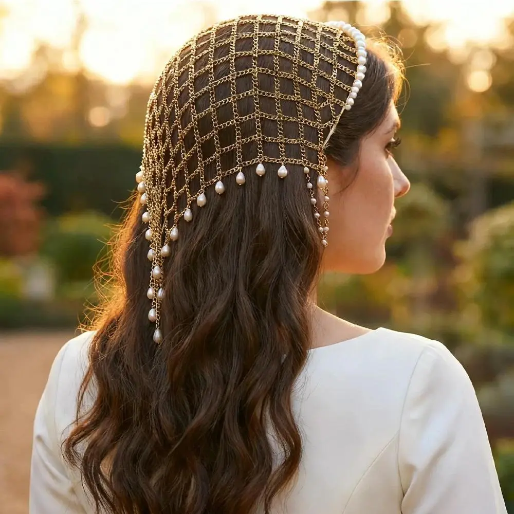 Bohemian Bridal Mesh Hat Headband Women Wedding Head Accessories Handmade Headpiece Pearl Tassel Hair Chain Cap Indian Jewelry
