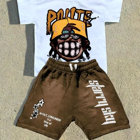 Men's Graphic Print Breathable Knit Tee & Drawstring Waist Shorts Two-piece Set, Regular Fit Casual Fashion Short Sleeve T-shirt & Shorts, Men's Summer Clothes, T Shirts Set
