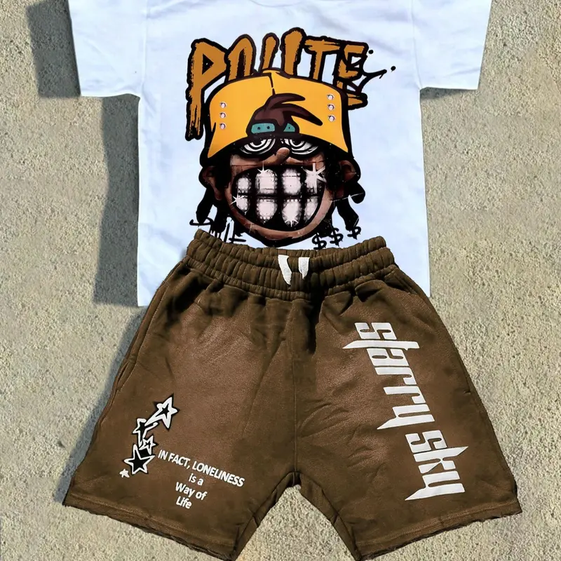 Men's Graphic Print Breathable Knit Tee & Drawstring Waist Shorts Two-piece Set, Regular Fit Casual Fashion Short Sleeve T-shirt & Shorts, Men's Summer Clothes, T Shirts Set