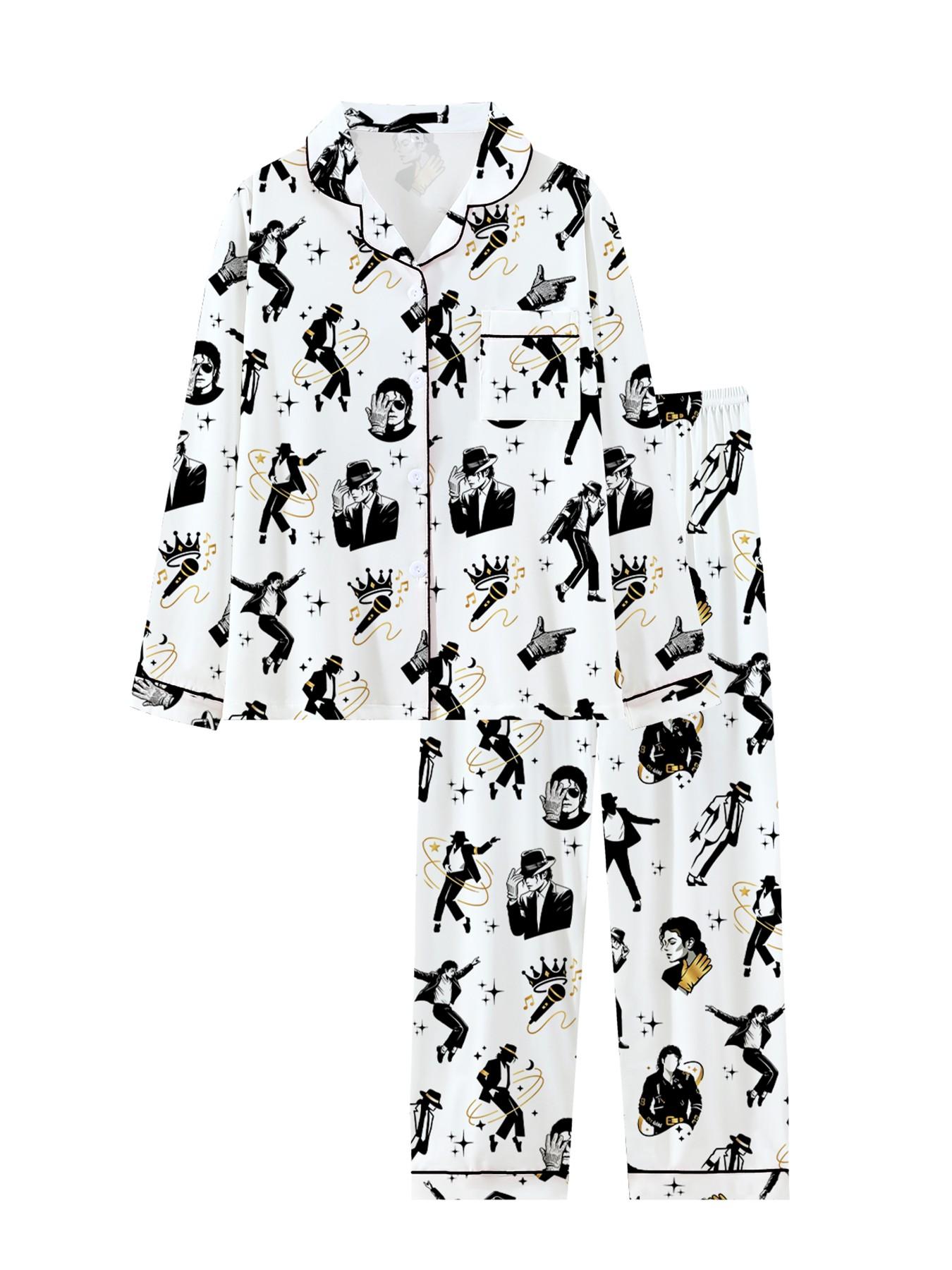 Women's Cute Retro Music Star Pajamas Set, Comfortable 2-Piece Long Sleeve Sleepwear, High-Style Party Pajamas, Fun