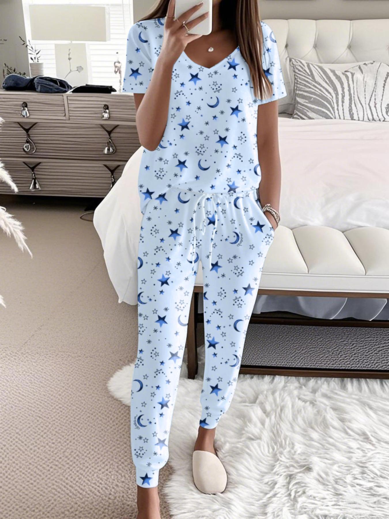 Women's Cartoon Animal Print V Neck Tee & Pants Pyjama Two-piece Set, Soft Casual Pajamas, Casual Comfy Short Sleeve T-shirt & Pocket Trousers PJ Set, Ladies Summer Sleepwear, Loungewear