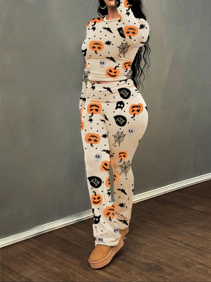 Women Halloween Two Piece Set Pumpkin Print Long Sleeve Crop Top Flare Pants Outfit Ghost Bat Spider Web Design Holiday Party Clubwear Casual Fall Festival Look Comfortable Fashion Matching Set Halloween Costume