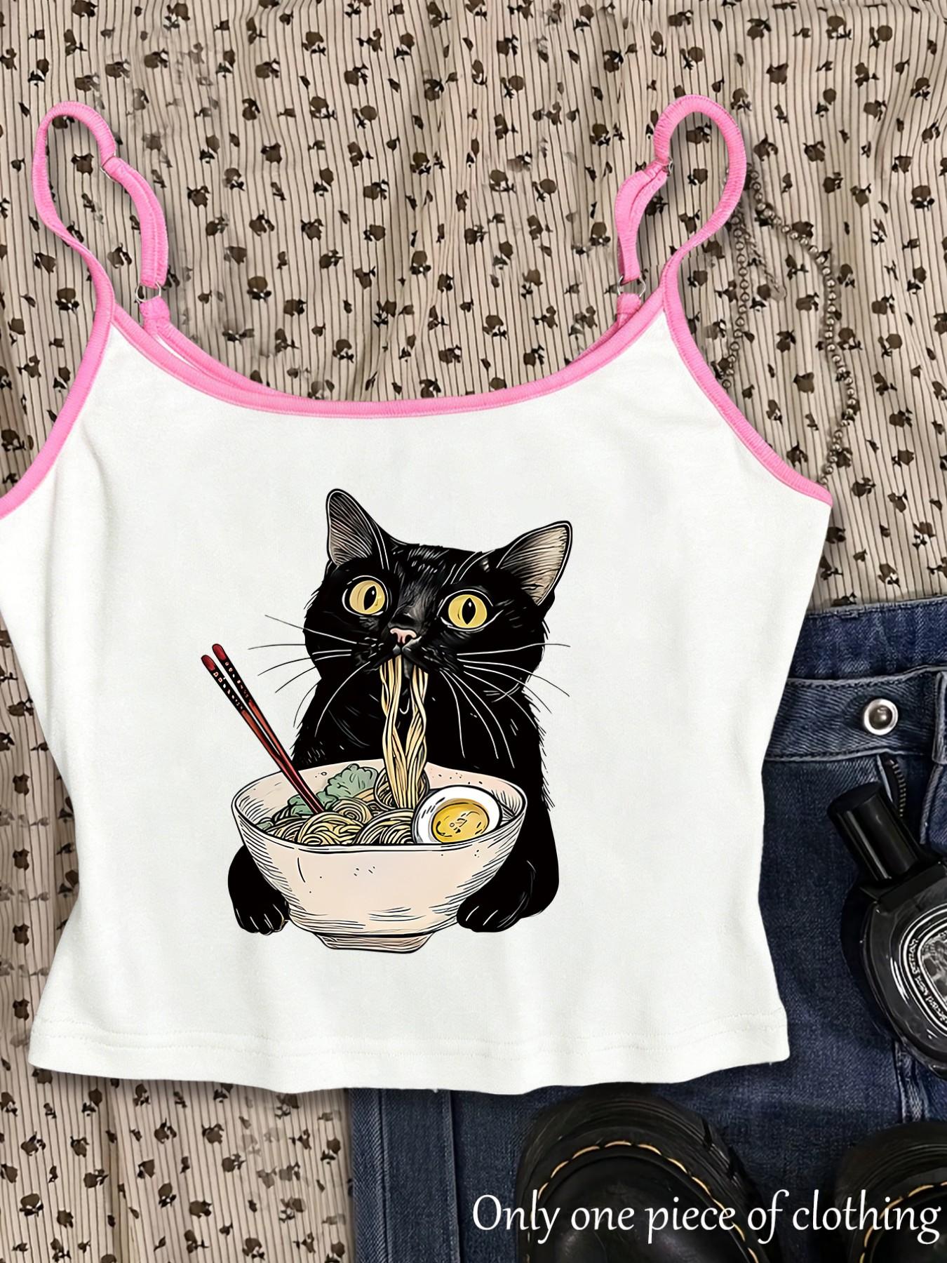 Y2K Gothic Style Cat Print Crop Top, Adjustable Straps, Slim Fit, Sleeveless, Streetwear, Summer New Arrival, Daily Wear, Office