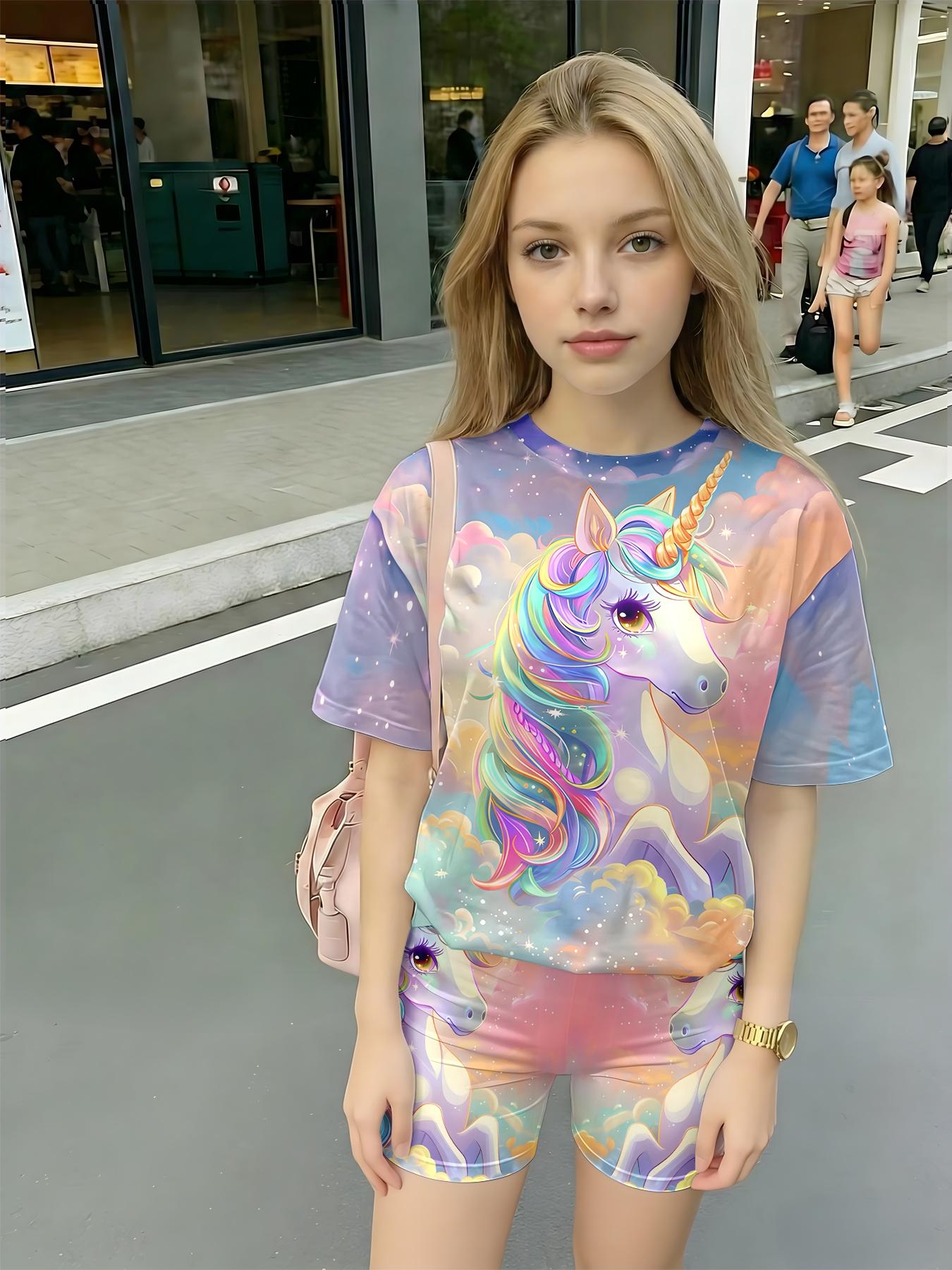 Girls Summer Cloud Rainbow Unicorn Set, Kids Dreamy Galaxy Short Sleeve & Shorts Two-Piece Outfit