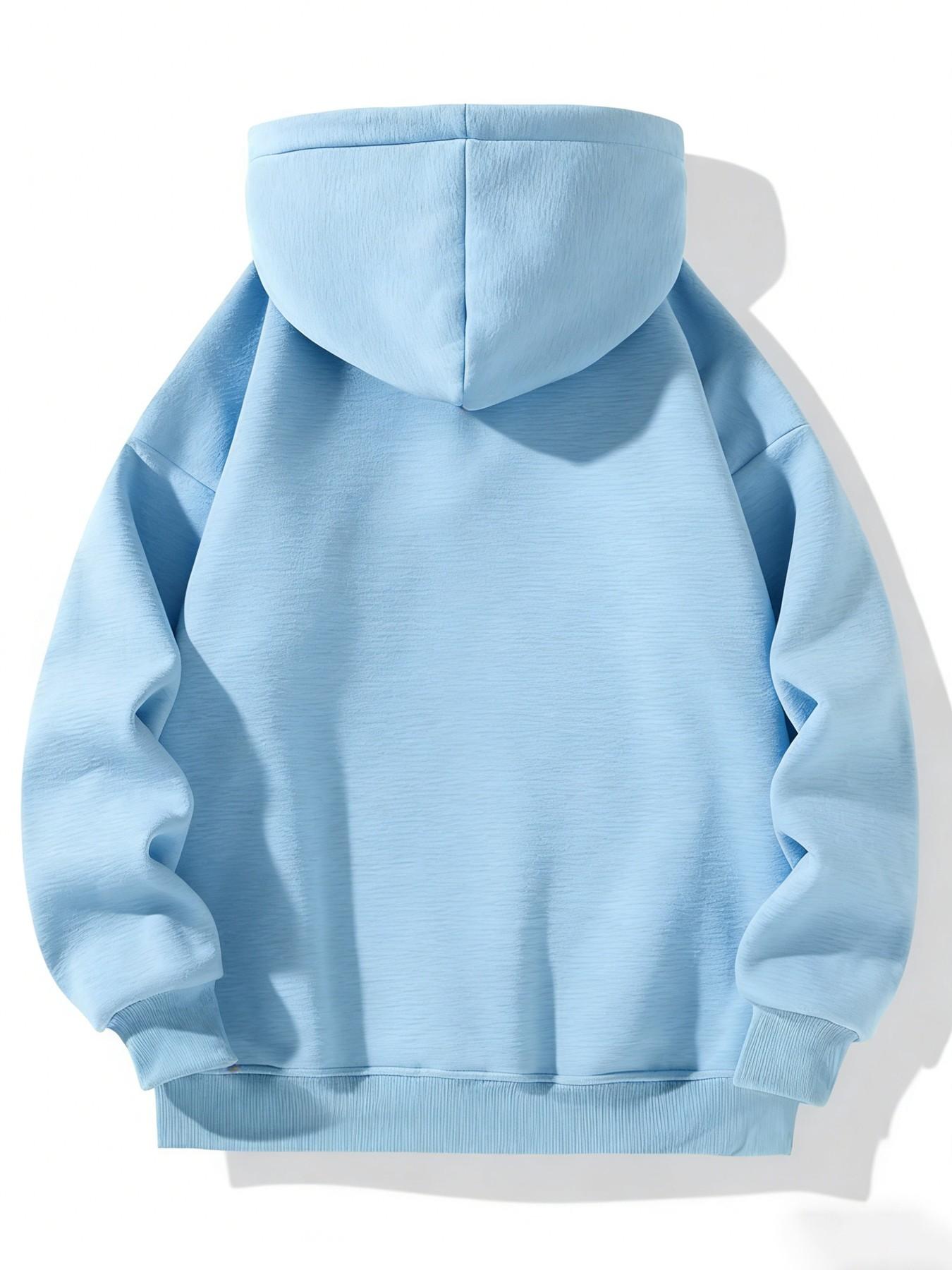 Men's Light Blue Zip-Up Hooded Sweatshirt, Heavyweight Loose Fit Casual Jacket, Minimal Embroidery, Streetwear for Spring & Autumn, 5 Colors