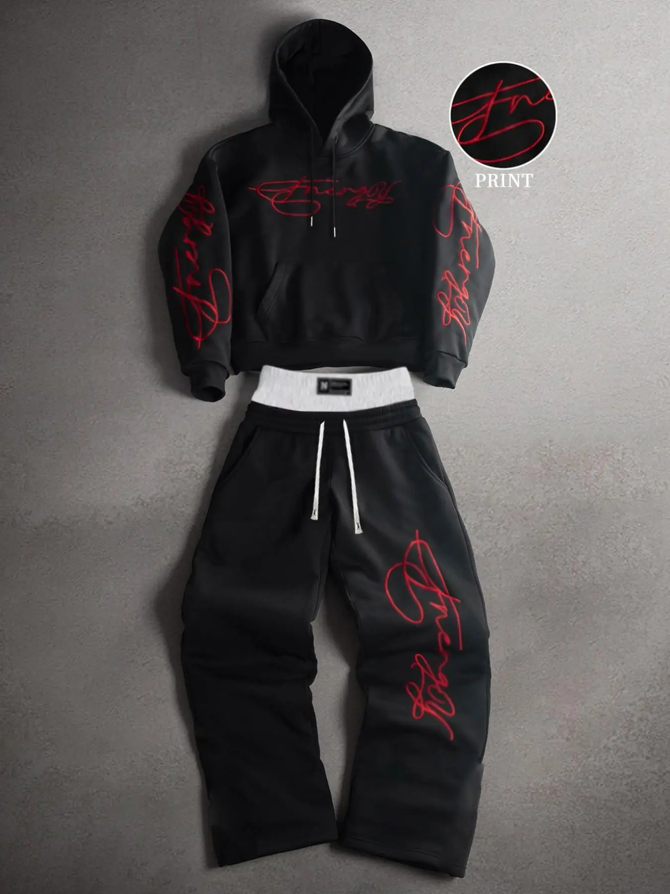 Men's Y2K Streetwear Set, Handwritten Letter Print Hoodie + Dual Layer Waist Sports Pants, Casual Loose-Fit Graphic Suit, Matching Sweatsuit Set