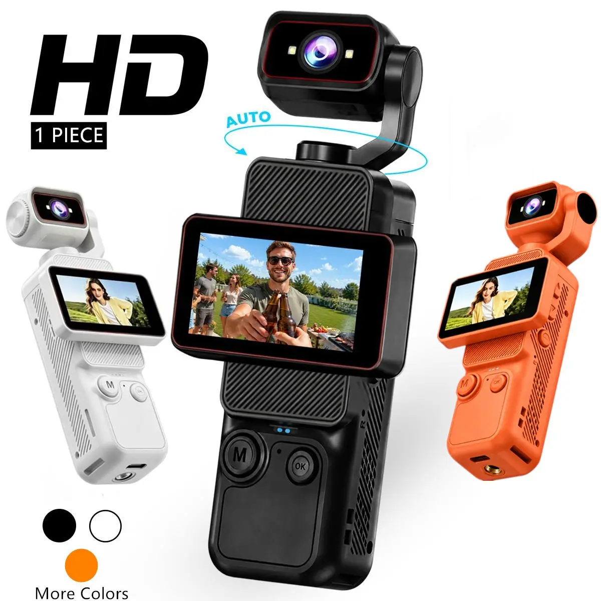 HD Pocket Camera, 90° Manually Flip Screen & 180° Auto Rotating Lens, Compact POV Vlogging Camera with WiFi, Perfect for YouTube, TikTok, Outdoor Shooting, and Creative Storytelling (White/Black/Orange)
