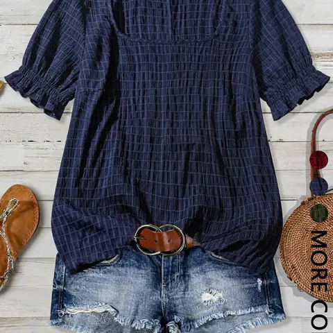 1-Piece Square-Neck Ruched Textured Blouse with Short Puff Sleeves, Loose Fit Top, Casual