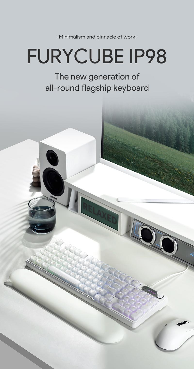 FURYCUBE IP98 Foudation Keyboard, 98 keys with Knob Transparent Keycaps Tri-Mode BT/2.4GHz/USB-C Cute Classic Keyboard with Number Pad, Media Knob Custom Mechanical Feel Keyboard, RGB Backlit Work/Office/Gaming Silent Keyboard, Budget Gift