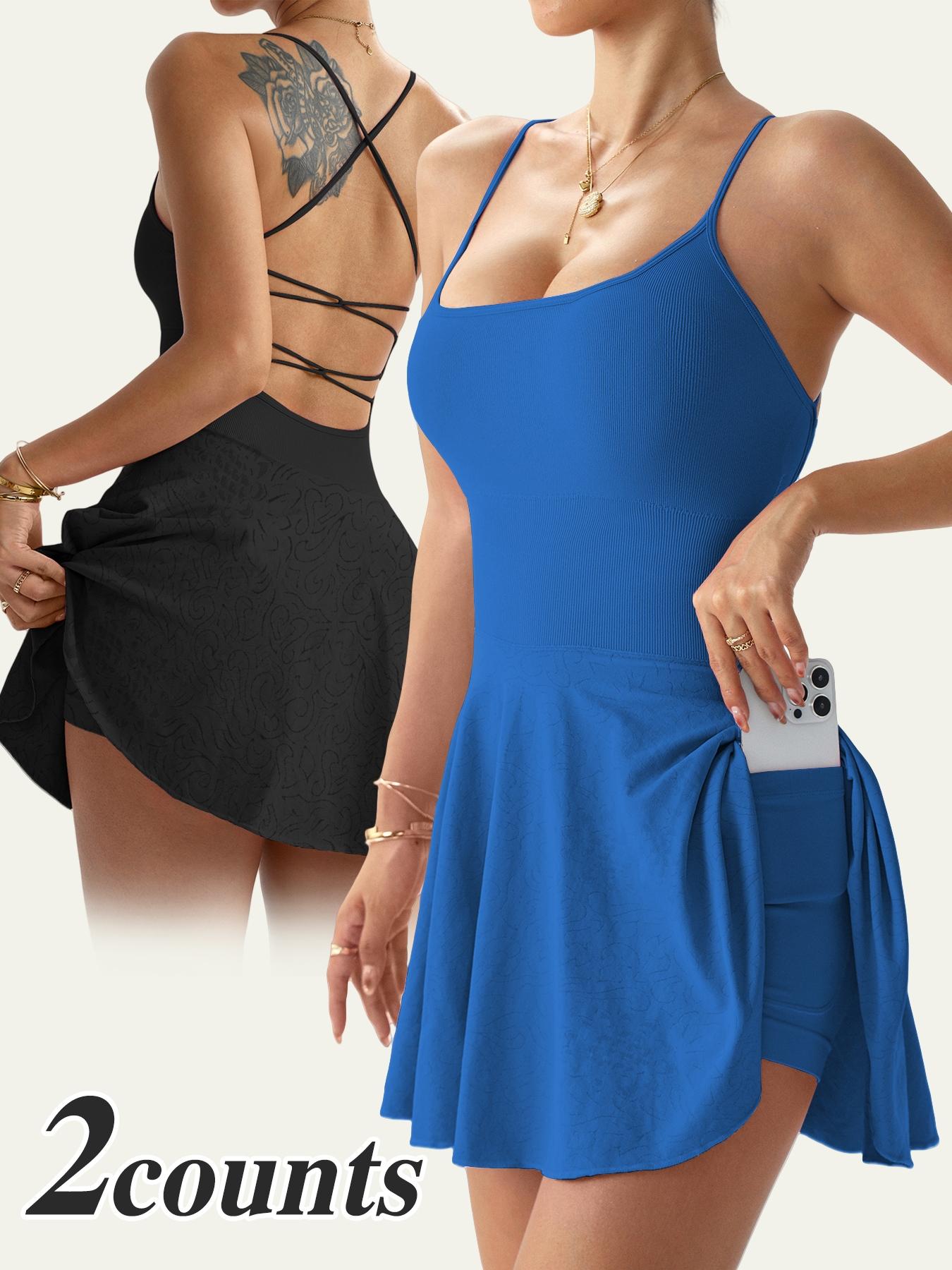 Women's Solid Color Built-in Shorts Sports Dress, Casual Sleeveless Spaghetti Strap Dress for Daily Outdoor Wear, Ladies Sportswear for Summer
