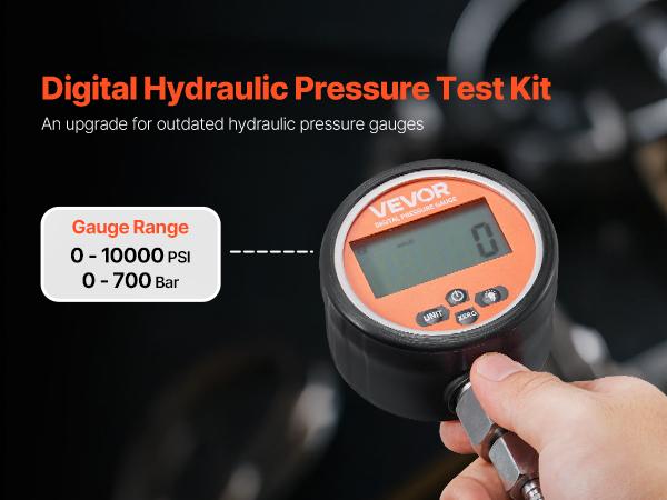 VEVOR Digital Hydraulic Pressure Gauge with Calibration, 0-10000 PSI (0-700 Bar) Stainless Steel Housing Sensor, 1/4 in NPT Standard Interface Backlit Display Manometer Tester for Excavator, Agricultural Machinery
