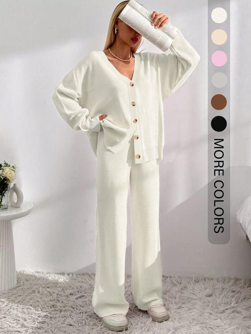 Women's Solid Button-Front Drop-Shoulder V-Neck Cardigan & Elastic Waist Wide-Leg Pants 2-piece Set, Casual Fashion Cozy Knitwear Set for Daily Outdoor Wear, Women's Outfit for Fall & Winter