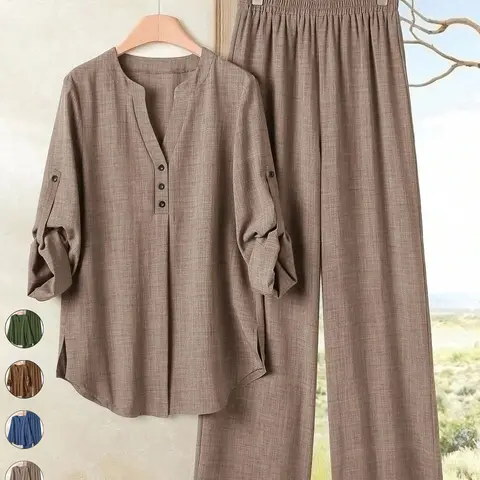 2-Piece Set Women's Casual Clothes, Button V-Neck Roll-Up Sleeve Top and Elastic Waist Wide Leg Pants Set, Comfortable and Stylish 2-Piece Outfit for Everyday Wear