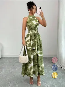 Elegant Olive Abstract Print Halter High Waist Long Dress, Womenswear, Sleeveless, Flowy Fabric, Perfect for Vacation and Dinner Parties