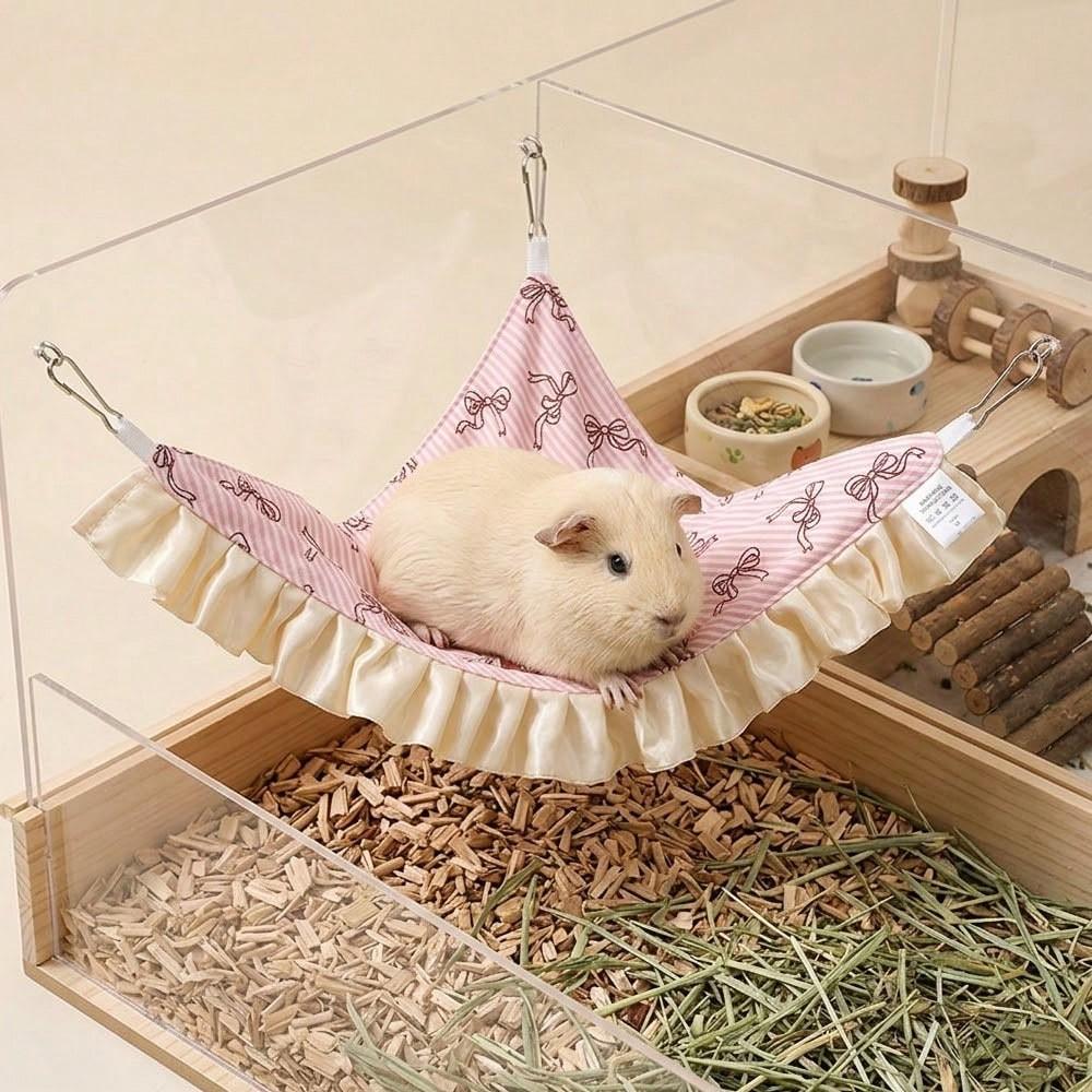 1pc Ruffled Edge Small Pet Hammock with Printing Patterns, Small Pet Sleeping Bed Hanging Triangular Bed with Hooks, Cozy Resting Nest Guinea Pig Bed for Guinea, Hamsters & Other Small Pets