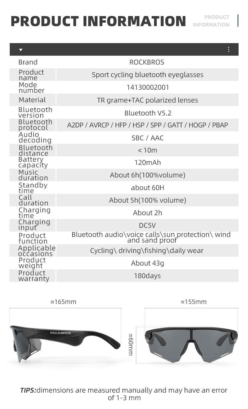 ROCKBROS Bluetooth Sunglasses for Men and Women Cycling Polarized Glasses Lightweight Multifunction Music One-key Control Runing Driving Goggles Sports Accessories