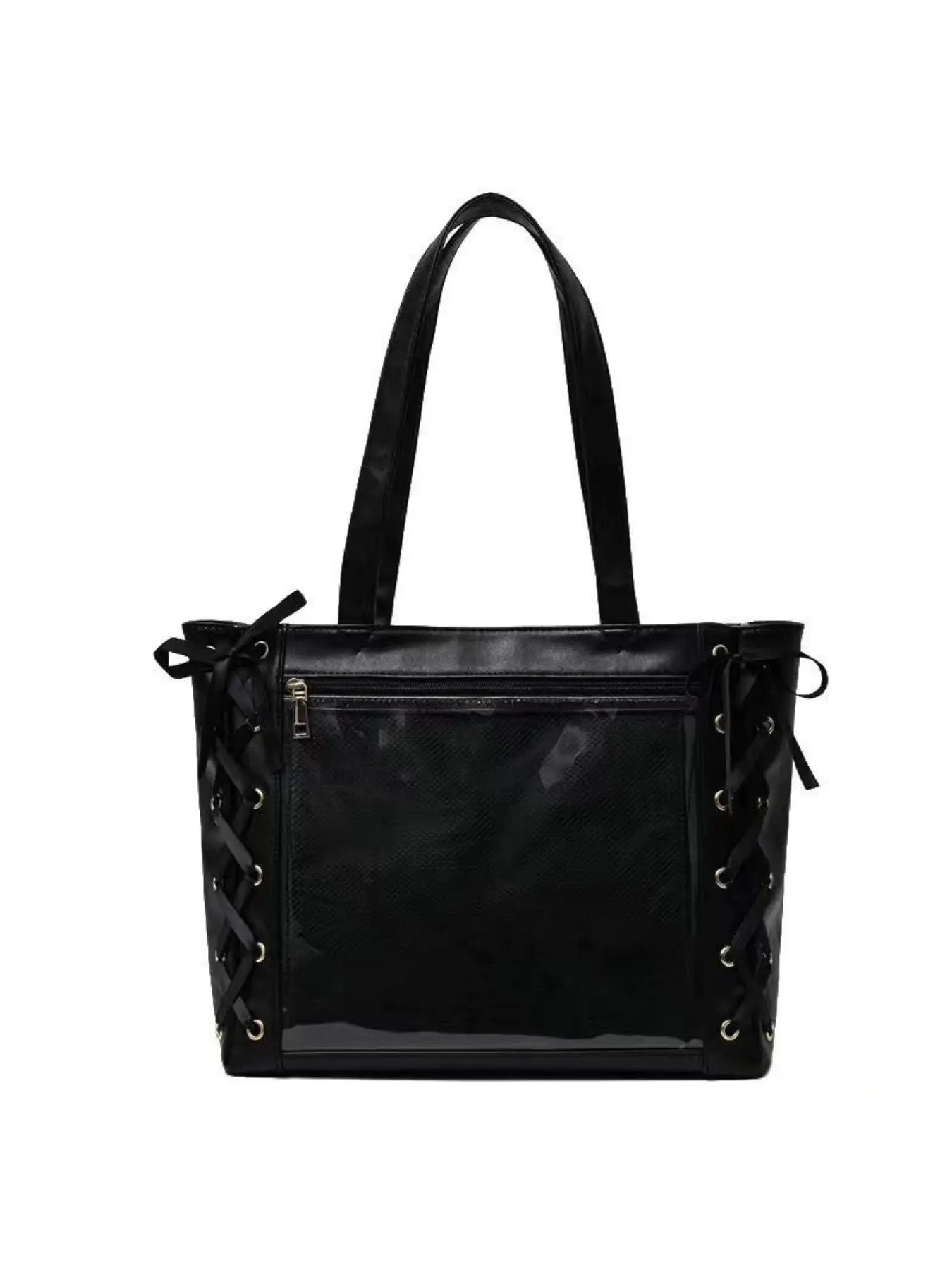 Tote Bag Series Horizontal Square Fresh Sweet Style Bow Tie Strap Transparent Large Capacity Commute Shoulder Bag, Office, School, Tablet Storage