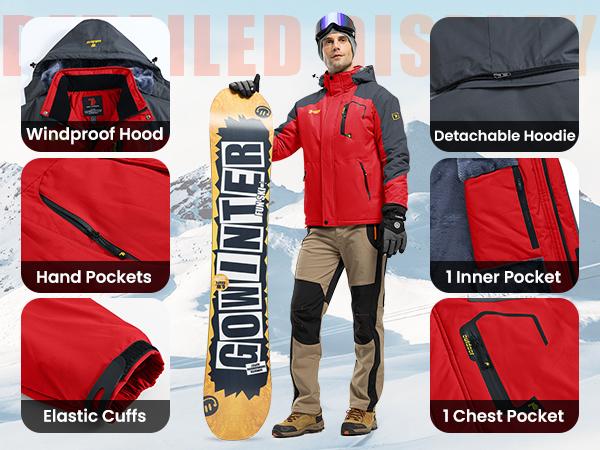 TBMPOY Men's Water Resistant Skiing Windbreaker Hooded Jacket Warm Fleece Coat