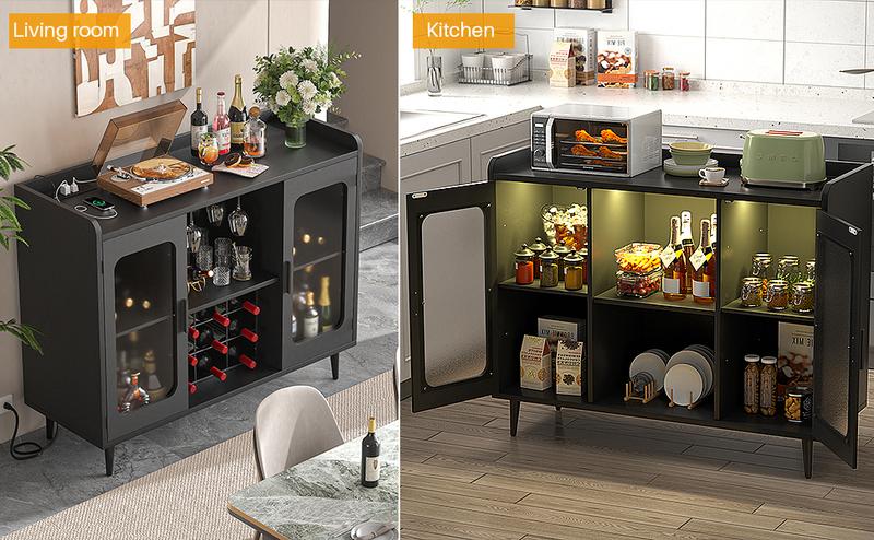 Homieasy Wine Bar Cabinet with Power Outlet, Liquor Cabinet Bar with LED Light and Glass Holder, Home Coffee Bar Cabinet, Buffet Sideboard with Storage Shelf for Kitchen, Dining Room
