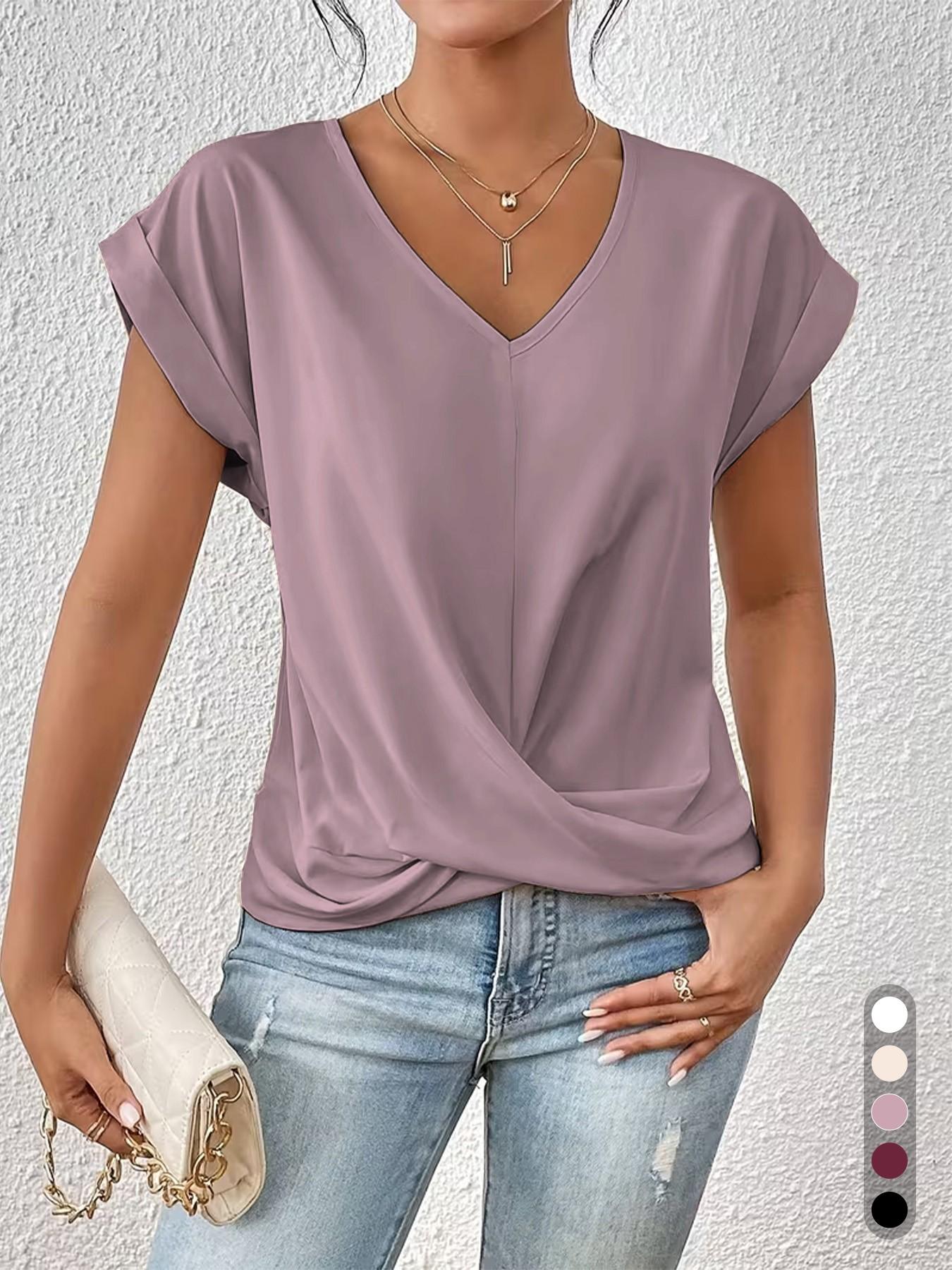2026 Women's V Neck Twist Front Blouse, Sexy Ruched Waist, Short Sleeve, Casual Top, Tummy Control, Leg-Lengthening, Office Shirt