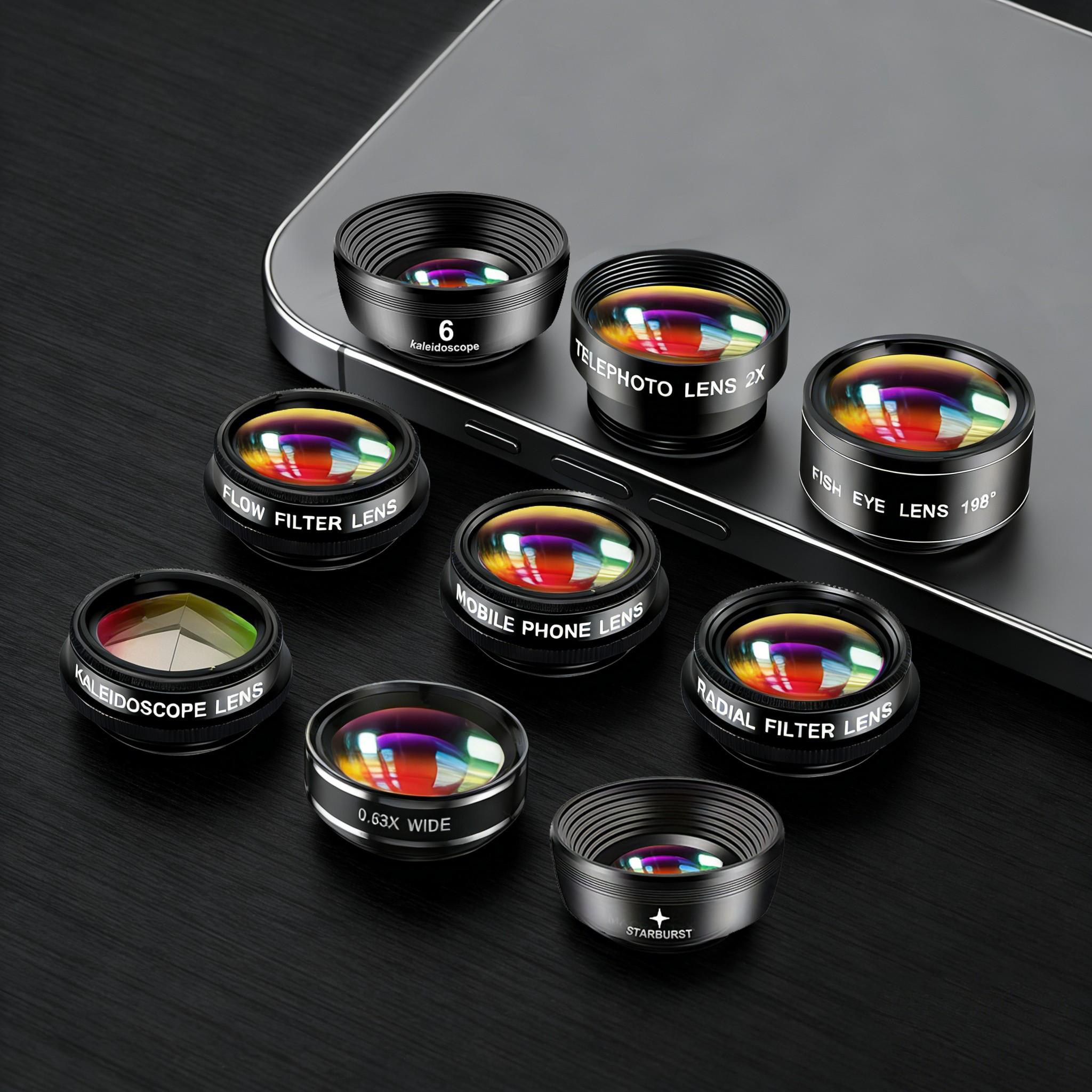 Phone Camera Lens-Macro Lens+Wide Lens+Fisheye Lens+Telephoto Lens+CPL/Flow/Radial/Star Filter+Kaleidoscope 3/6 Lens 10 in 1 Lens Kit, Lens Attachments, Smartphone Camera Accessories, compatible with iPhone, Samsung and most smartphones.