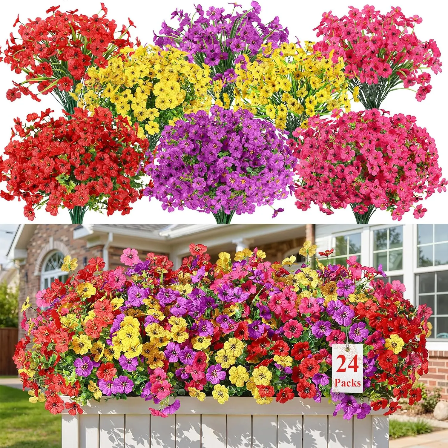 24 Bundles Artificial Daisy Flowers UV Resistant for Outdoor Decor| Silk & Plastic, Spring Faux Plants Greenery, Bendable Stems, for Porch Patio Hanging Window Planter Yard Outside, 4 Colors