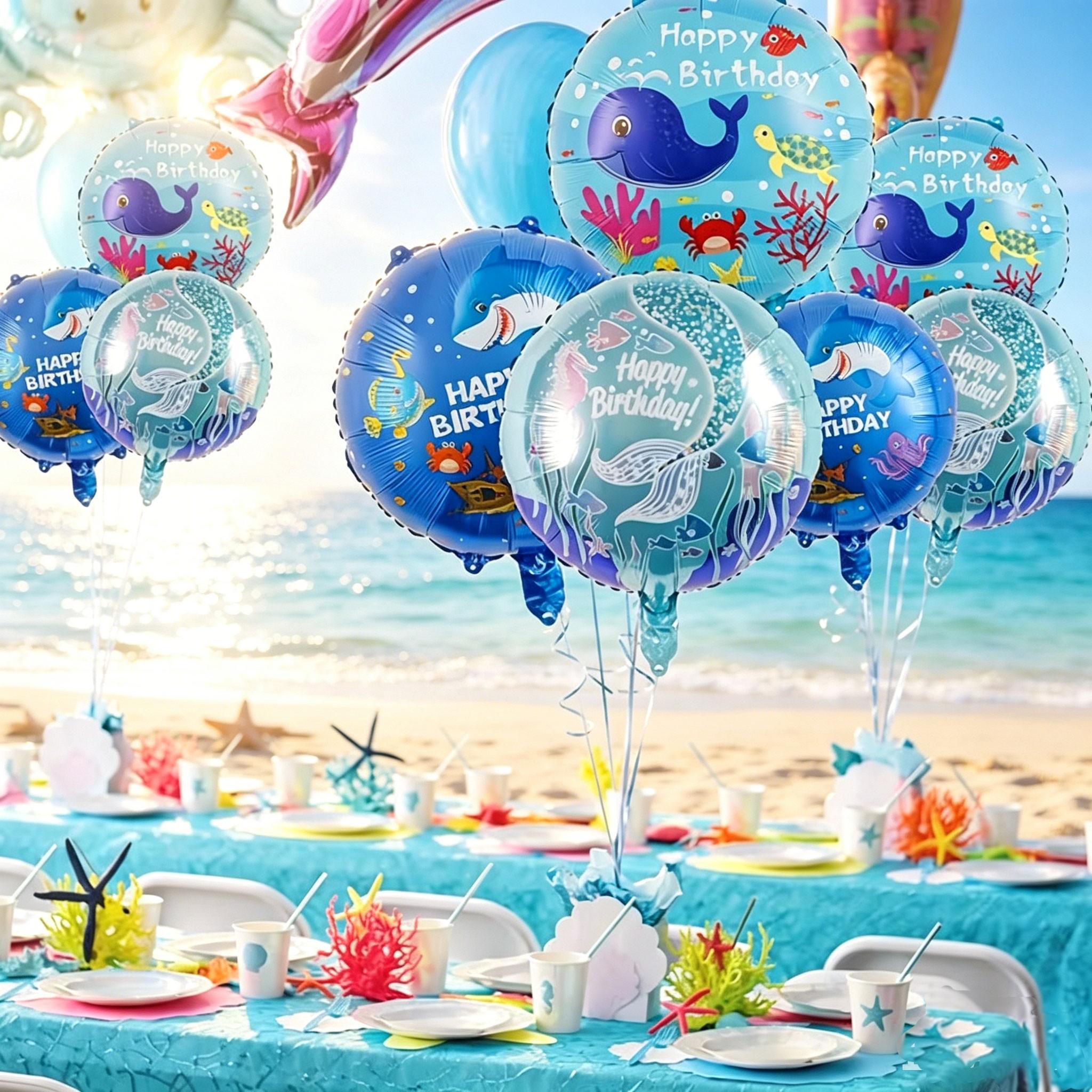 8-Piece Ocean Theme Birthday Balloons, Mermaid Tail, Shark, Whale Balloons, Party Decor, Pool Party, School Event, Aquarium Opening