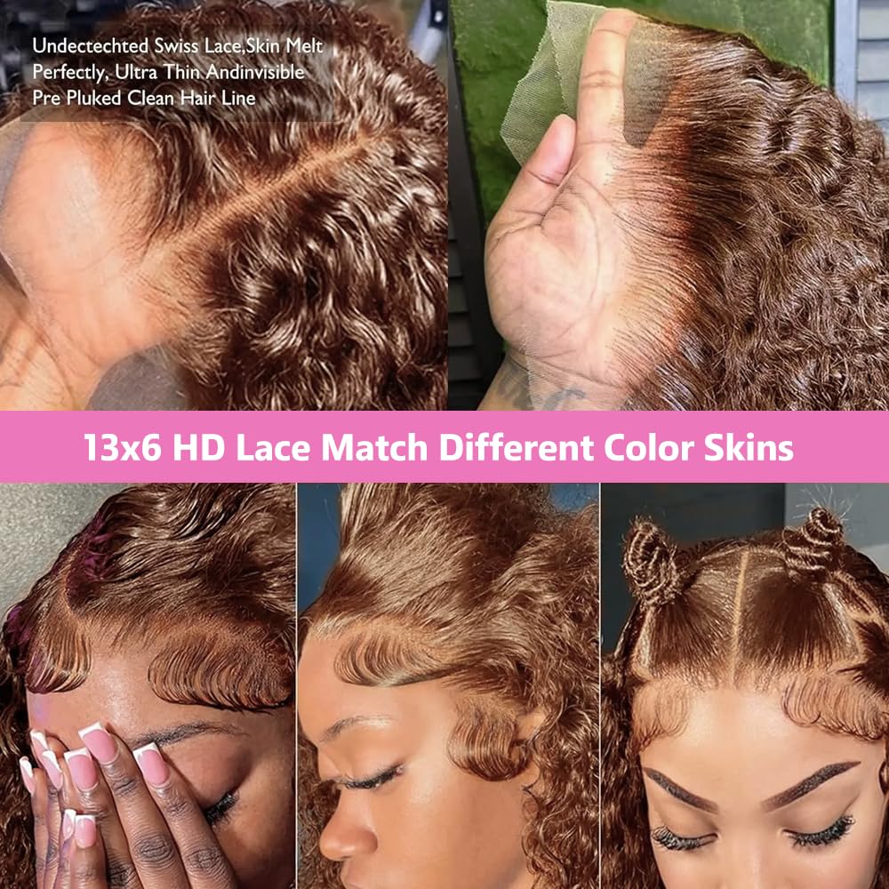 Bling Hair Deep Wave Chocolate Brown Colored 13x4/13x6 HD Transparent Lace Wigs Human Hair 180% Density for Women Pre Plucked with Natural Hairline