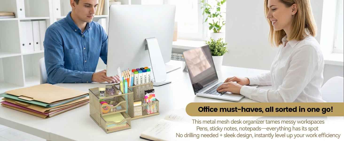 Mesh Desk Organizer, Pen Organizer with 2 Drawers and 5 Compartments, Versatile Pen Holder for Small Space, Desk Organizers and Accessories for School Office Supplies, Gold