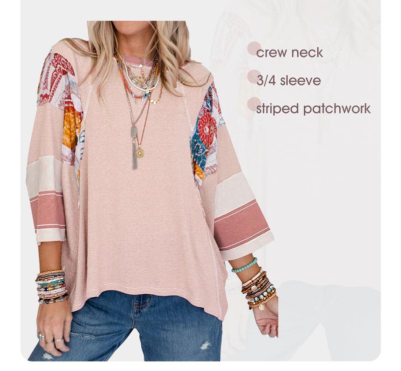 EVALESS Women's Oversized Graphic Print T Shirts Loose Fitted Crewneck 3/4 Batwing Sleeve Striped Patchwork Blouses 2026 Casual Summer Springtok Outfits