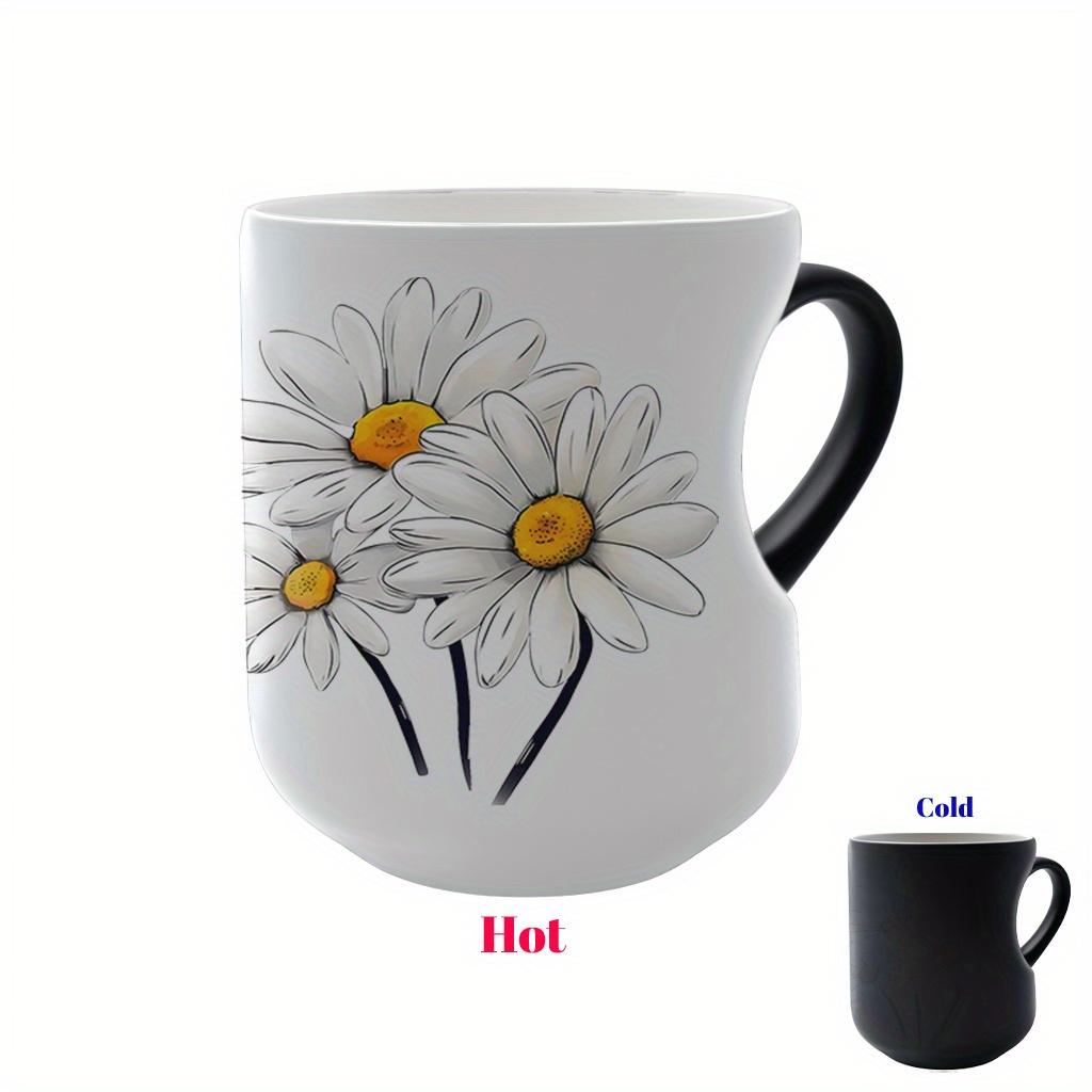 White Daisies Floral Pattern Ceramic Color Changing Mug, Heart Handle, 11 oz/330 ml - Great for Halloween, Christmas, Valentine's Day, Mother's Day and Father's Day Gifts