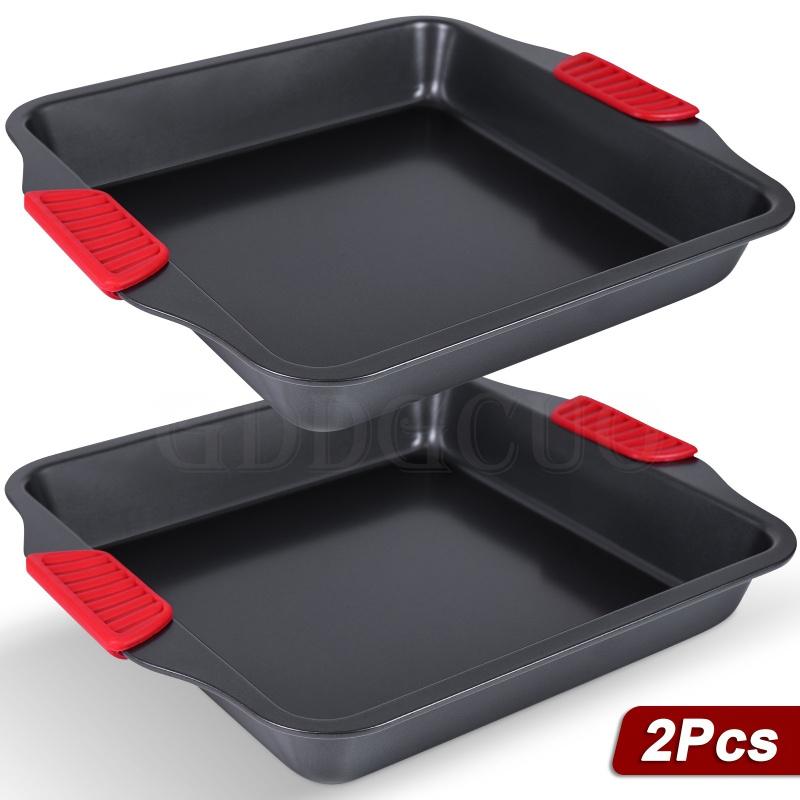 2-Piece Non-Stick Bakeware Set, Carbon Steel Baking Pans with Heat-Resistant Red Silicone Handles, ,Cookie Sheets, Baking Trays, Black