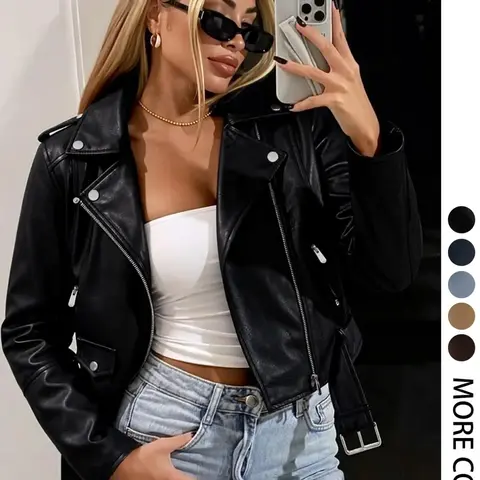 Women's Vintage Street Fashion Zipper Faux PU Jacket with Belt, Fall & Winter Outerwear, Basic Casual Fitted Long Sleeve Lapel Collar Cropped Jacket, Motorcycle-Style Jacket