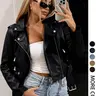 Women's Vintage Street Fashion Zipper Faux PU Jacket with Belt, Fall & Winter Outerwear, Basic Casual Fitted Long Sleeve Lapel Collar Cropped Jacket, Motorcycle-Style Jacket