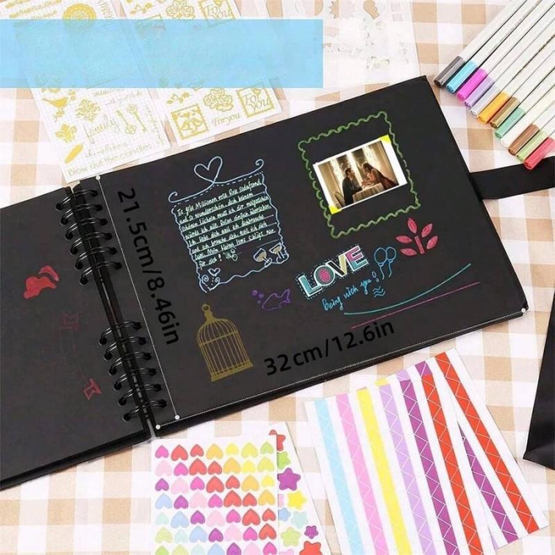 Eternal Memory Black Scrapbook Kit, Hardcover Spiral-Bound Photo Journal with Elegant Ribbon Closure, Complete DIY Memory Album Set for Couples, Weddings, Birthdays, and Travel Keepsakes