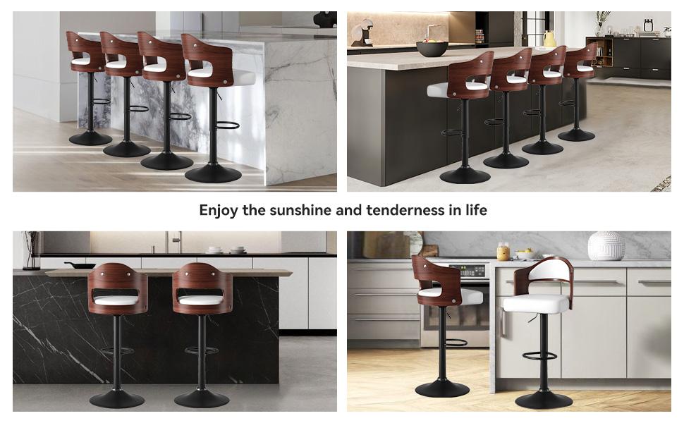 Swivel Bar Stools Set of 1/2 Seat Adjustable Height 24.5-33.5IN, Wooden Barstools PU Leather Upholstered Bar Chairs with Back & Footrest for Bar Kitchen Dining Room