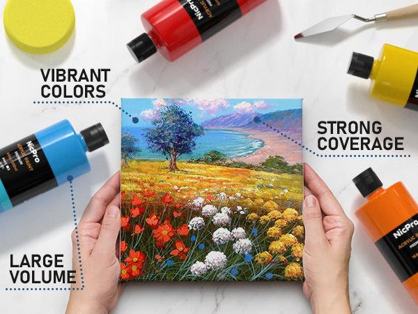 Nicpro 24 Colors Large Bulk Acrylic Paint Set (8.45 oz,250 ml) Non Toxic Artist Painting Supplies for Multi Surface Canvas, Wood, Fabric Leather, Rock, Glass, Paper, Crafts, Hobby with Color Wheel